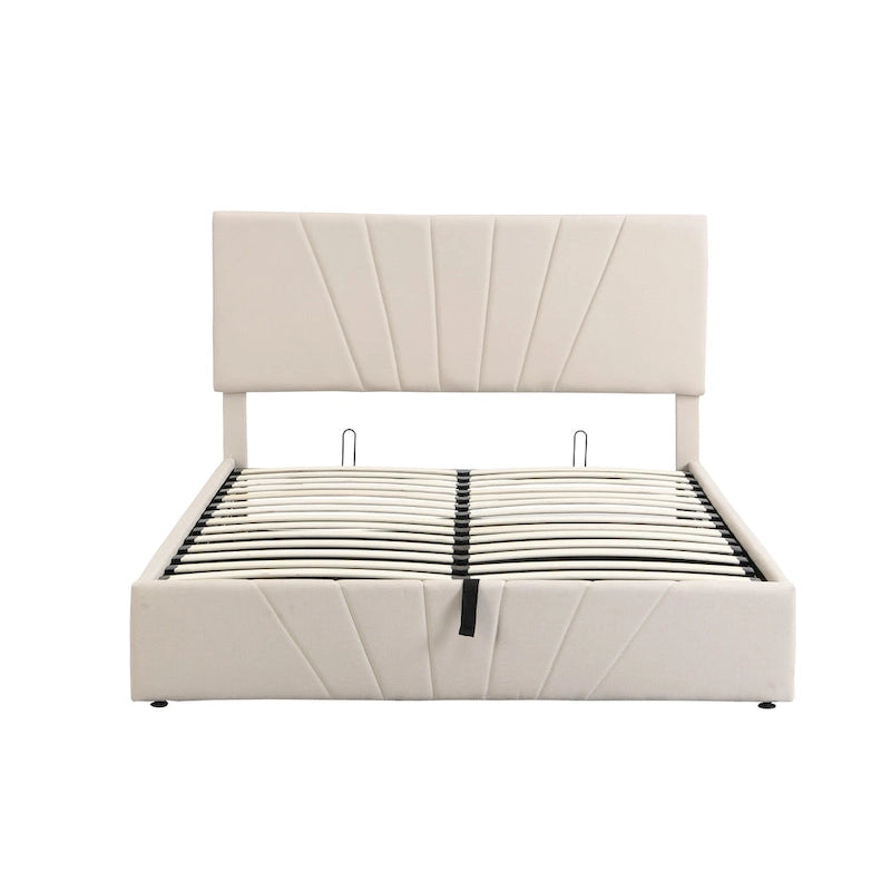 Upholstered Platform Bed with Hydraulic Under-Mattress Storage, Linen Fabric, 24 Wood Slats