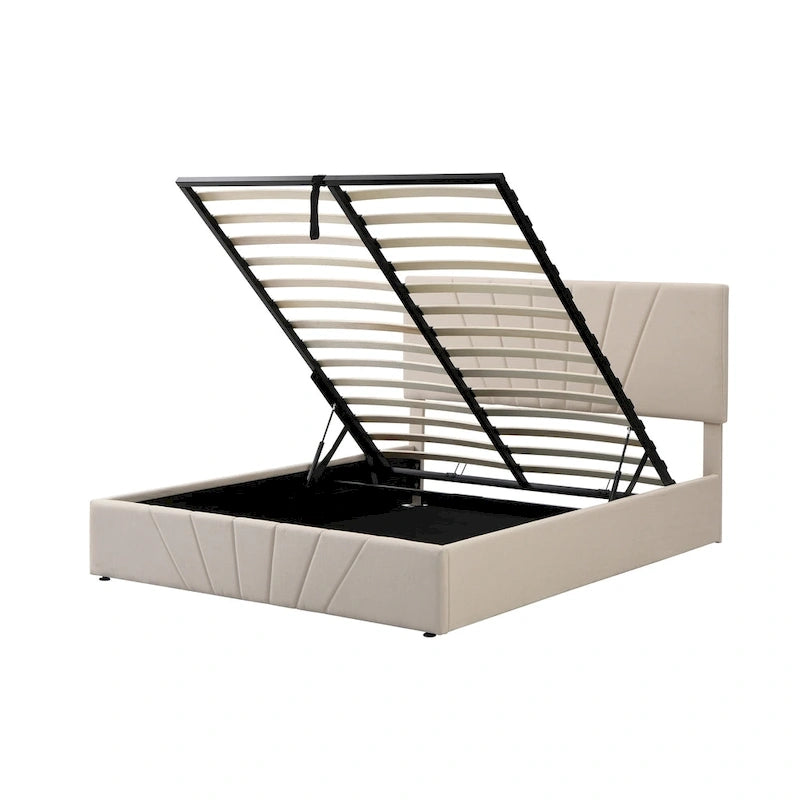 Upholstered Platform Bed with Hydraulic Under-Mattress Storage, Linen Fabric, 24 Wood Slats