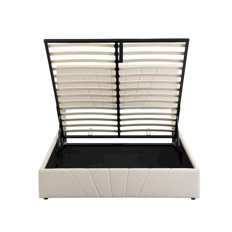 Upholstered Platform Bed with Hydraulic Under-Mattress Storage, Linen Fabric, 24 Wood Slats