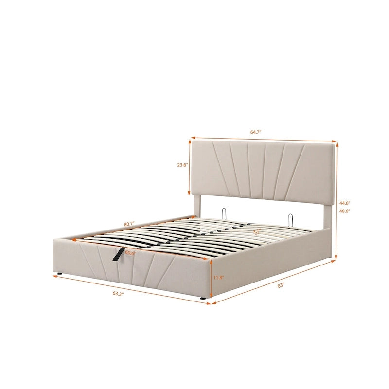 Upholstered Platform Bed with Hydraulic Under-Mattress Storage, Linen Fabric, 24 Wood Slats