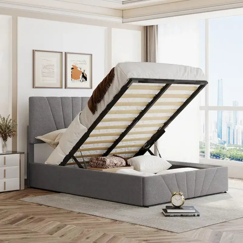 Upholstered Platform Bed with Hydraulic Under-Mattress Storage, Linen Fabric, 24 Wood Slats