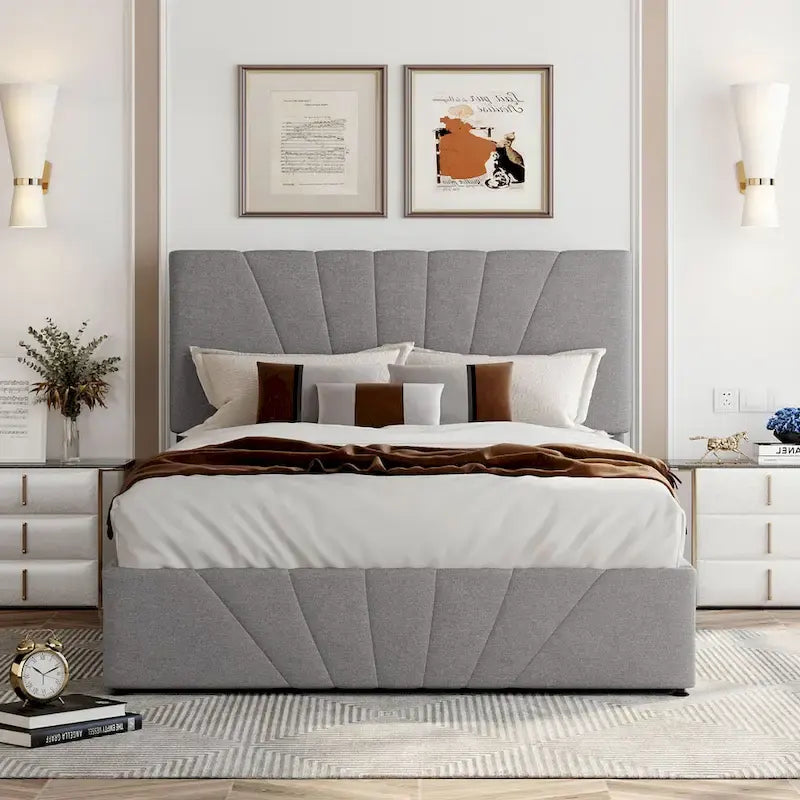 Upholstered Platform Bed with Hydraulic Under-Mattress Storage, Linen Fabric, 24 Wood Slats