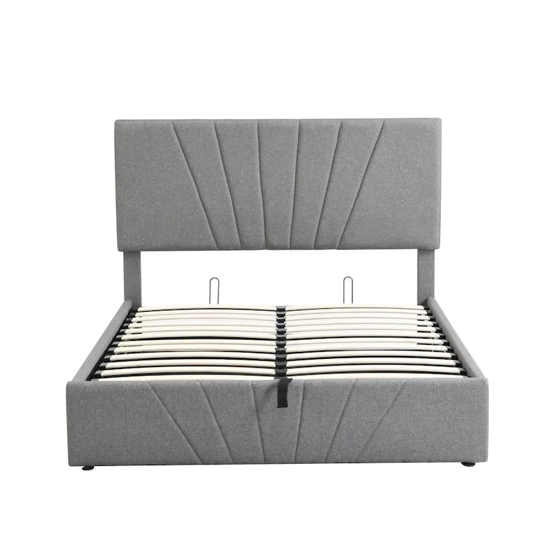 Upholstered Platform Bed with Hydraulic Under-Mattress Storage, Linen Fabric, 24 Wood Slats