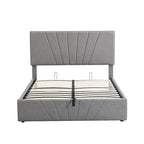 Upholstered Platform Bed with Hydraulic Under-Mattress Storage, Linen Fabric, 24 Wood Slats