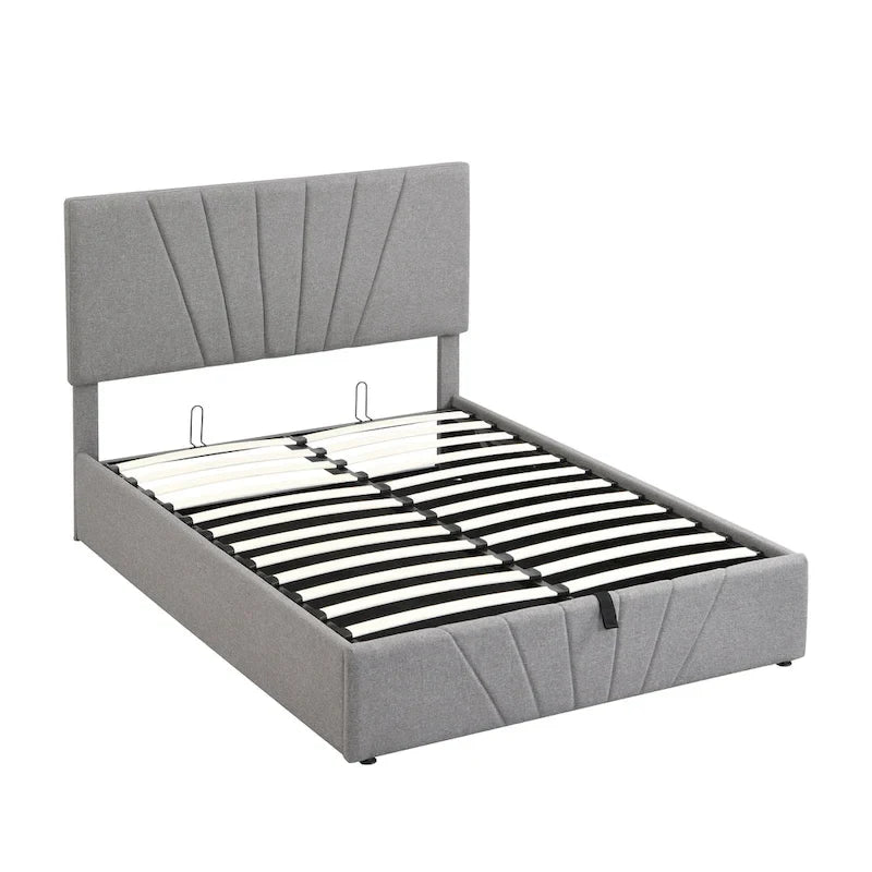 Upholstered Platform Bed with Hydraulic Under-Mattress Storage, Linen Fabric, 24 Wood Slats