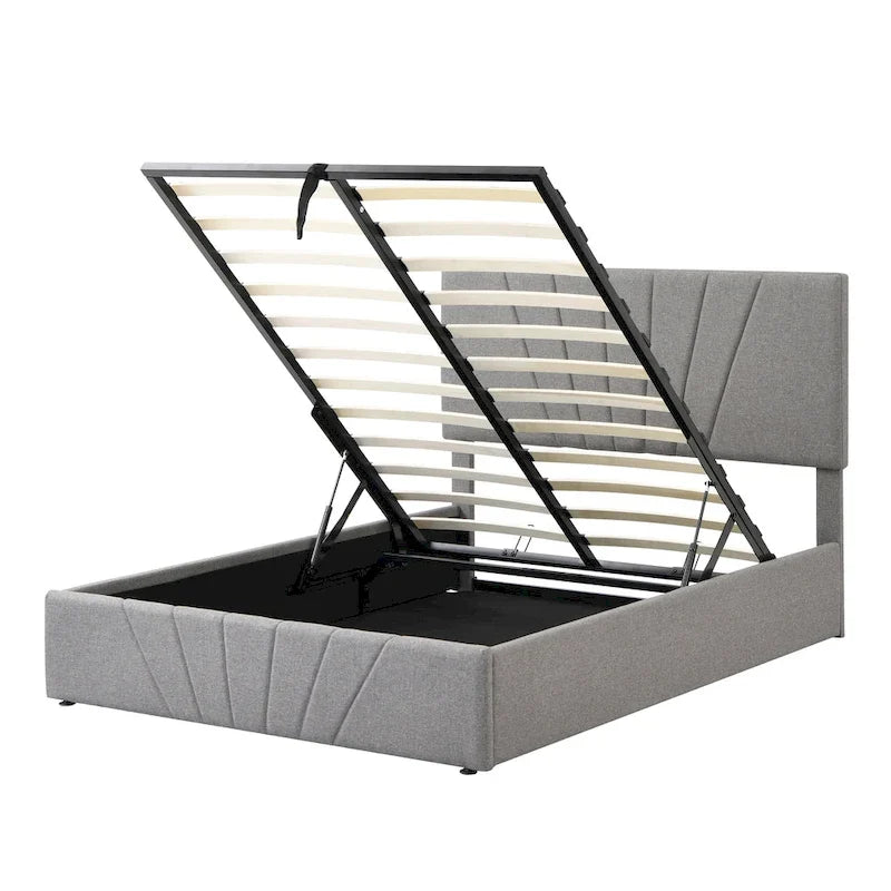Upholstered Platform Bed with Hydraulic Under-Mattress Storage, Linen Fabric, 24 Wood Slats