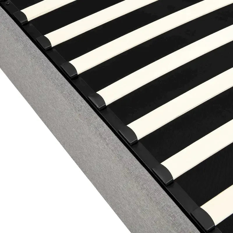 Upholstered Platform Bed with Hydraulic Under-Mattress Storage, Linen Fabric, 24 Wood Slats