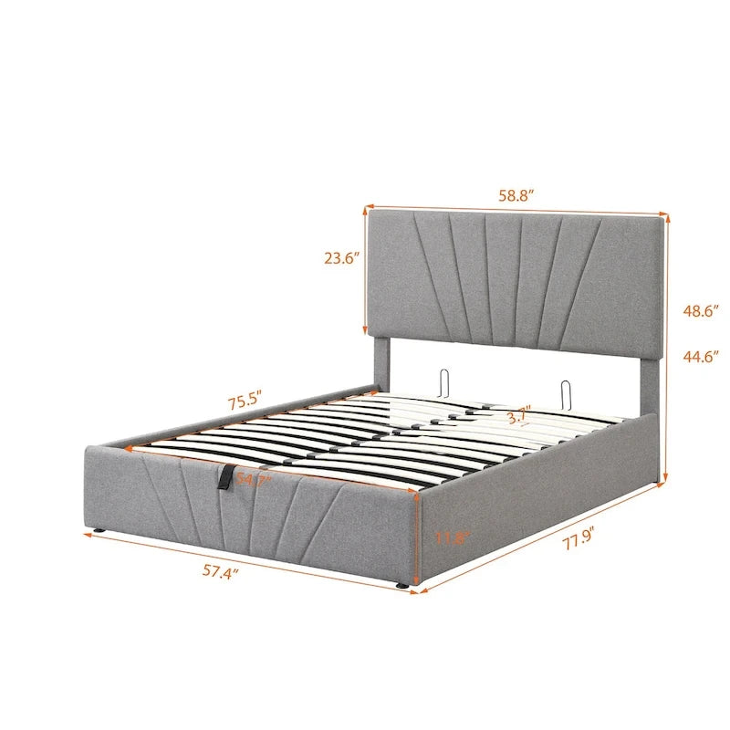 Upholstered Platform Bed with Hydraulic Under-Mattress Storage, Linen Fabric, 24 Wood Slats