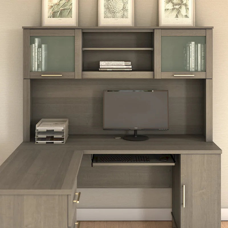 Bush Furniture Somerset Ash Gray 60W Hutch for L Shaped Desk - 59.09L x 12.50W x 35.69H