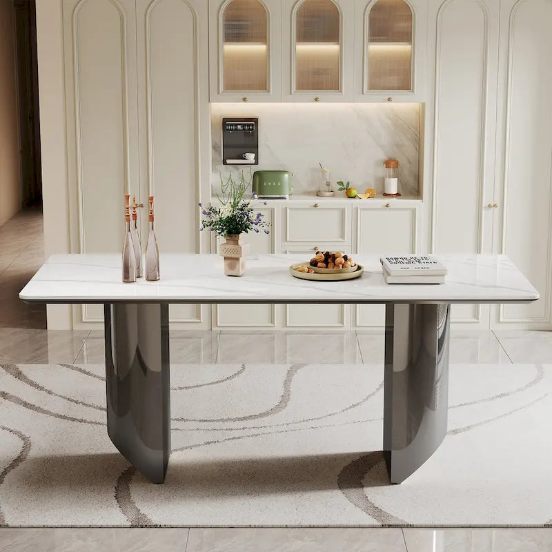 0.47 Thick Sintered Stone Composite Tempered Glass Top Dining Table with Stainless Steel Base