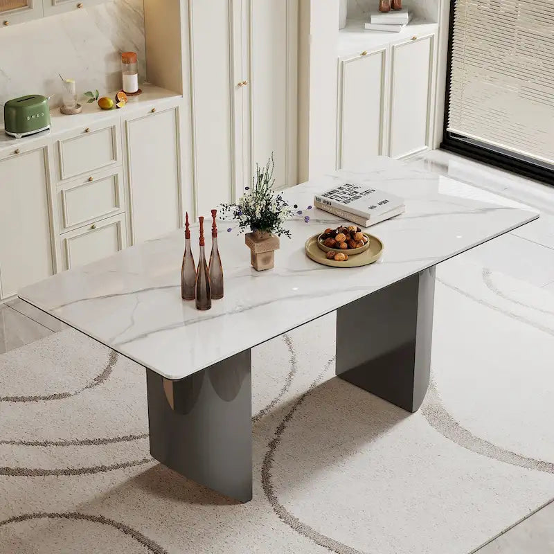 0.47 Thick Sintered Stone Composite Tempered Glass Top Dining Table with Stainless Steel Base
