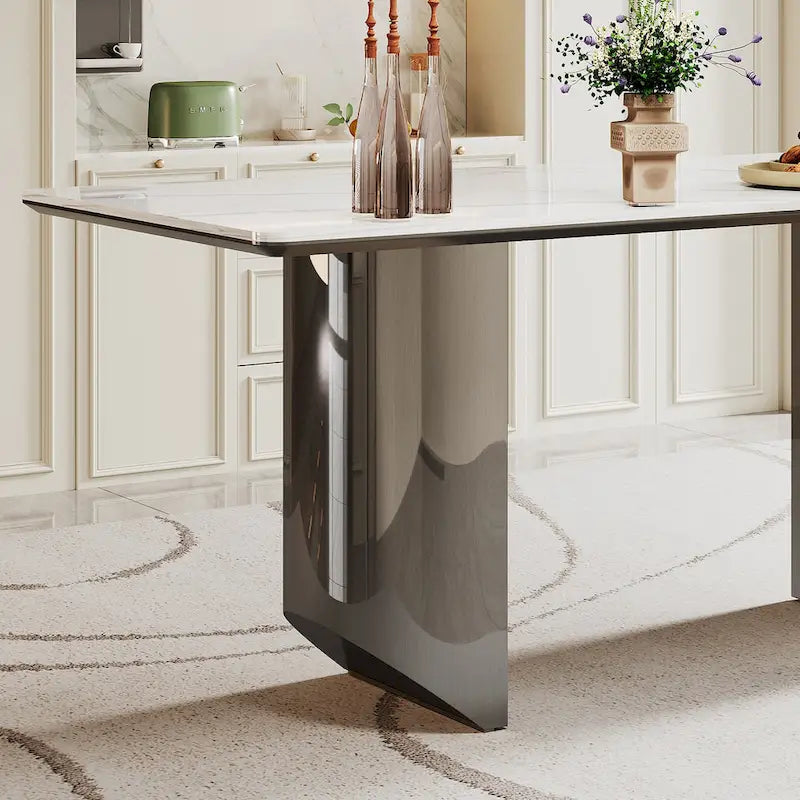 0.47 Thick Sintered Stone Composite Tempered Glass Top Dining Table with Stainless Steel Base