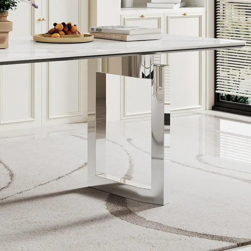 0.47 Thick Sintered Stone Composite Tempered Glass Top Dining Table with Stainless Steel Base