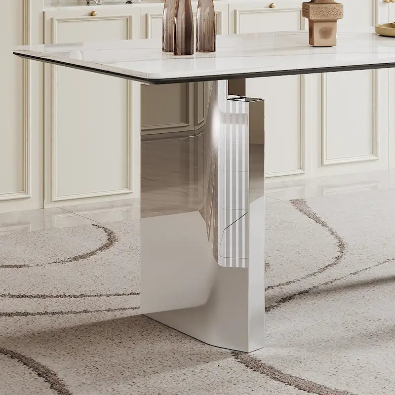 0.47 Thick Sintered Stone Composite Tempered Glass Top Dining Table with Stainless Steel Base