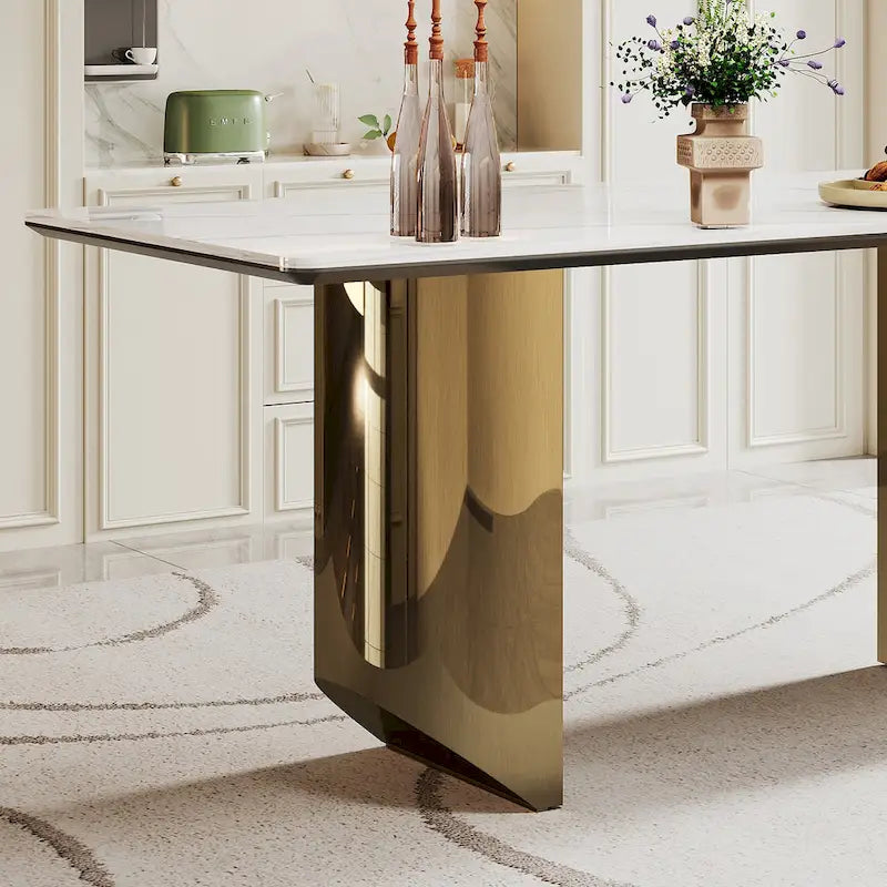 0.47 Thick Sintered Stone Composite Tempered Glass Top Dining Table with Stainless Steel Base