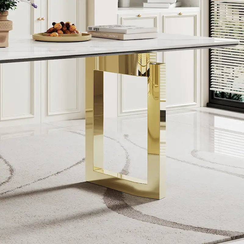 0.47 Thick Sintered Stone Composite Tempered Glass Top Dining Table with Stainless Steel Base