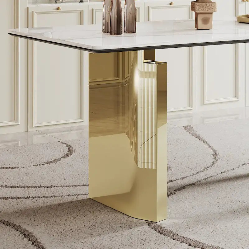 0.47 Thick Sintered Stone Composite Tempered Glass Top Dining Table with Stainless Steel Base