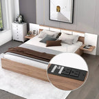 Queen Size Platform Bed with Headboard, Drawers, Shelves, USB Ports and Sockets, Natural