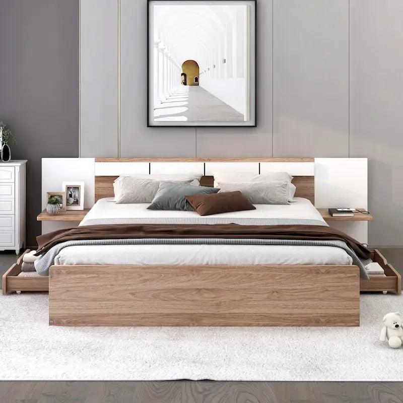 Queen Size Platform Bed with Headboard, Drawers, Shelves, USB Ports and Sockets, Natural