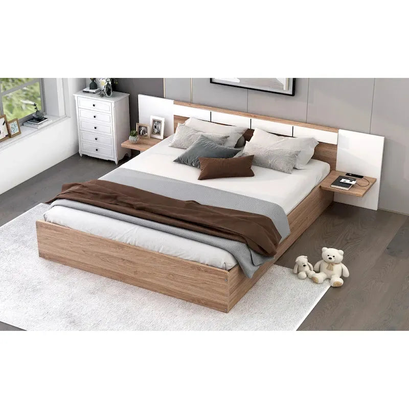 Queen Size Platform Bed with Headboard, Drawers, Shelves, USB Ports and Sockets, Natural