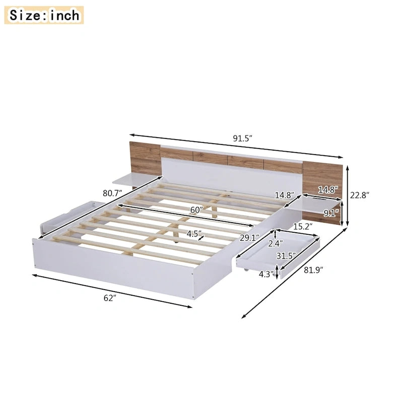 Queen Size Platform Bed with Headboard, Drawers, Shelves, USB Ports and Sockets, Natural
