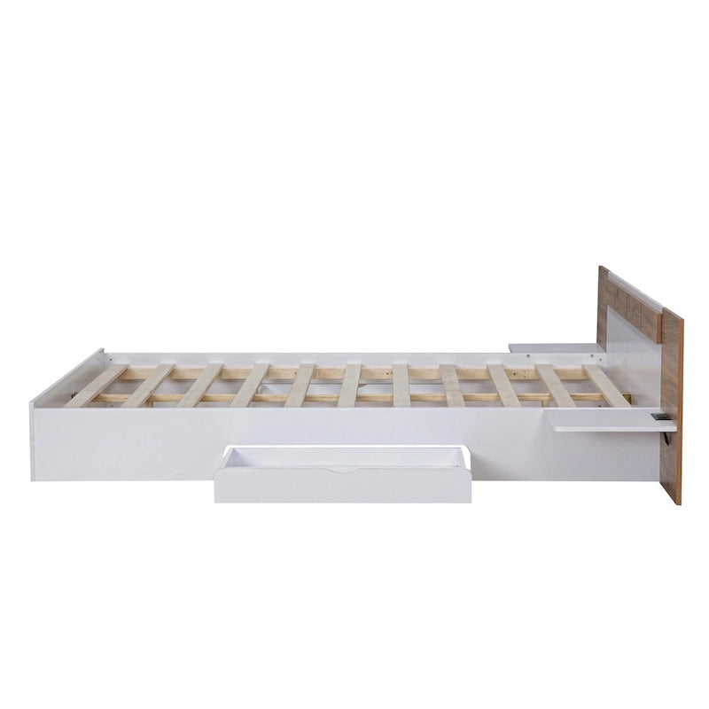 Queen Size Platform Bed with Headboard, Drawers, Shelves, USB Ports and Sockets, Natural