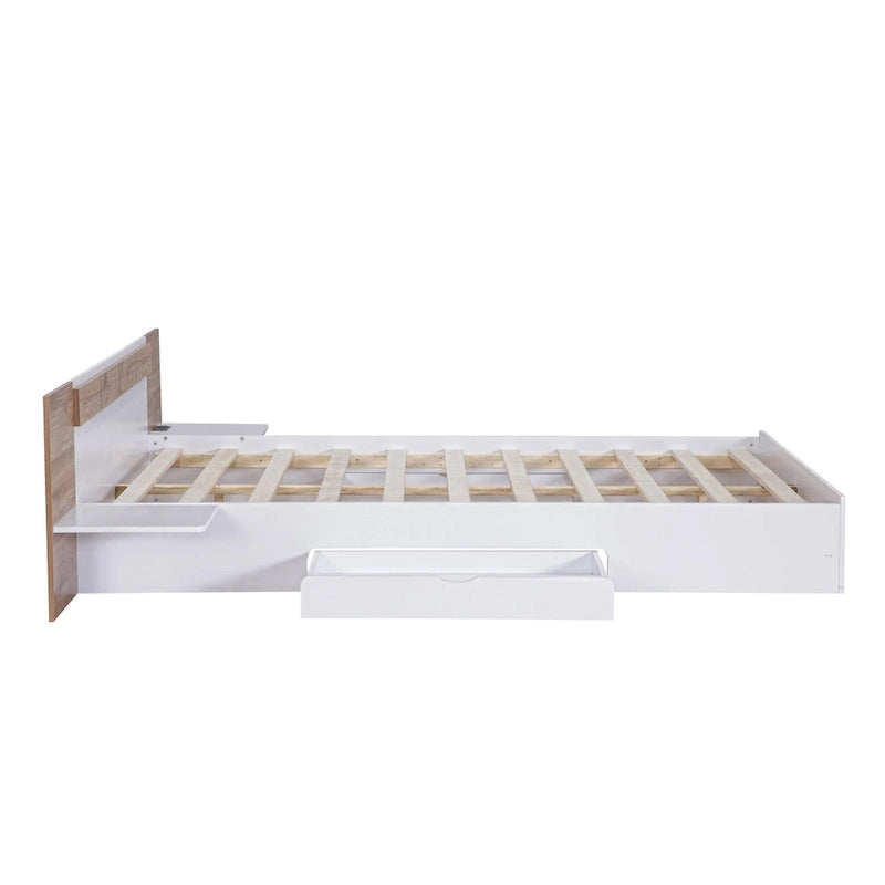 Queen Size Platform Bed with Headboard, Drawers, Shelves, USB Ports and Sockets, Natural