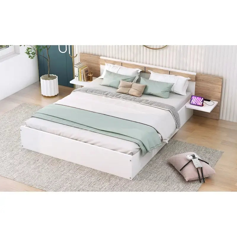 Queen Size Platform Bed with Headboard, Drawers, Shelves, USB Ports and Sockets, Natural