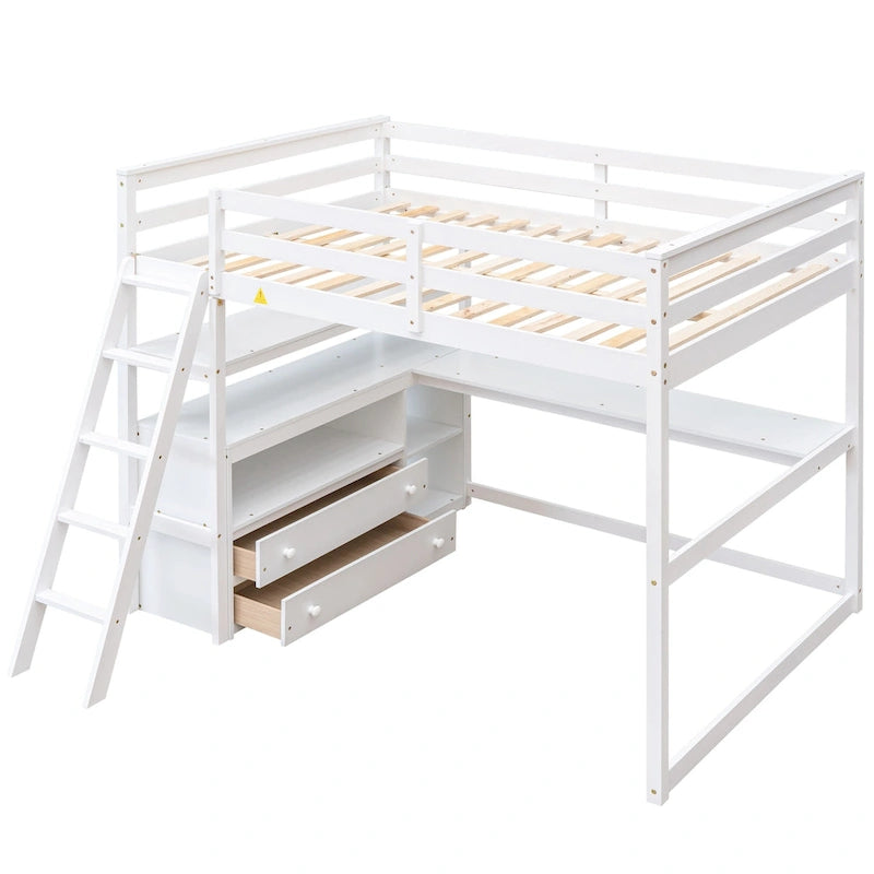 Full Size Loft Bed with Desk and Shelves,Two Built-in Drawers,Gray