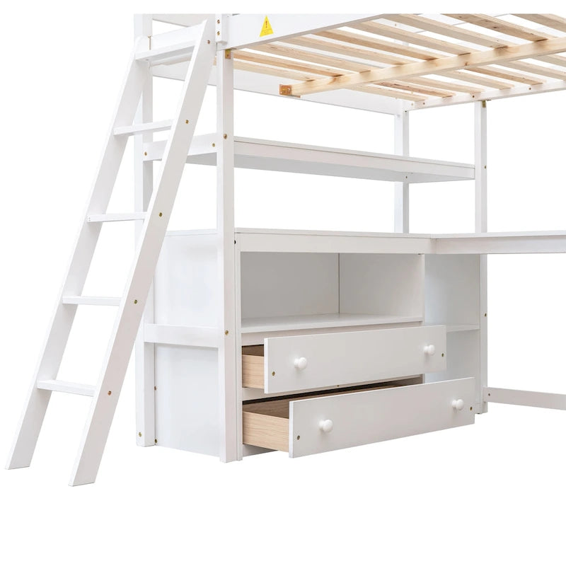 Full Size Loft Bed with Desk and Shelves,Two Built-in Drawers,Gray