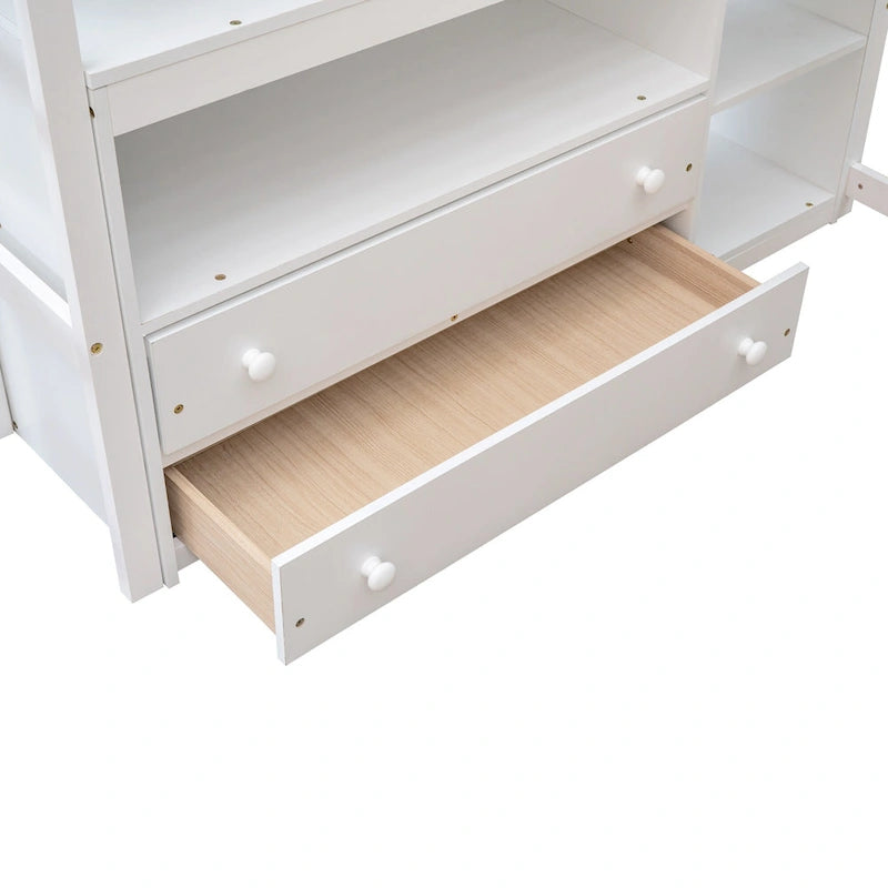 Full Size Loft Bed with Desk and Shelves,Two Built-in Drawers,Gray