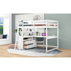 Full Size Loft Bed with Desk and Shelves,Two Built-in Drawers,Gray