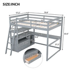 Full Size Loft Bed with Desk and Shelves,Two Built-in Drawers,Gray