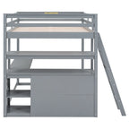 Full Size Loft Bed with Desk and Shelves,Two Built-in Drawers,Gray