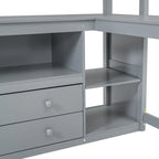 Full Size Loft Bed with Desk and Shelves,Two Built-in Drawers,Gray