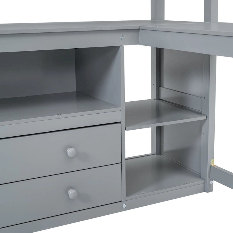 Full Size Loft Bed with Desk and Shelves,Two Built-in Drawers,Gray