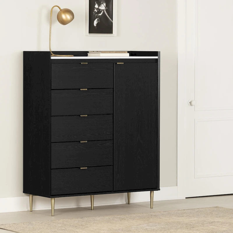 5-Drawer Door Chest Dresser with Clothes Rod, Glam Style with Brass Legs and Faux Marble Top