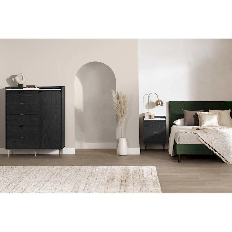 5-Drawer Door Chest Dresser with Clothes Rod, Glam Style with Brass Legs and Faux Marble Top