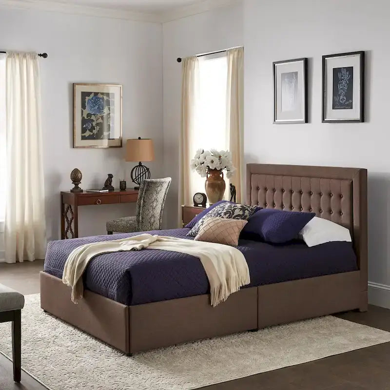 Tufted Linen Headboard Storage Platform Bed with 4 Under-Bed Drawers, Full/Queen/King