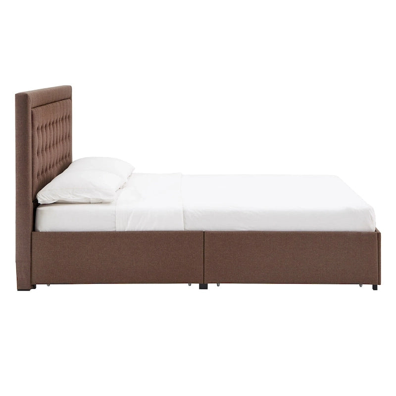 Tufted Linen Headboard Storage Platform Bed with 4 Under-Bed Drawers, Full/Queen/King