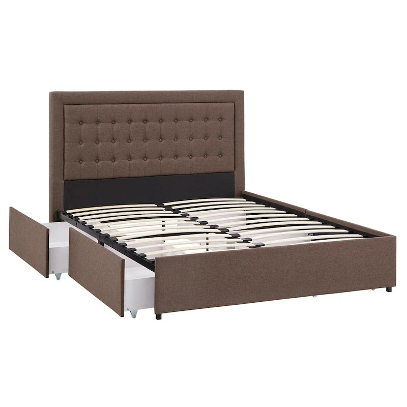 Tufted Linen Headboard Storage Platform Bed with 4 Under-Bed Drawers, Full/Queen/King