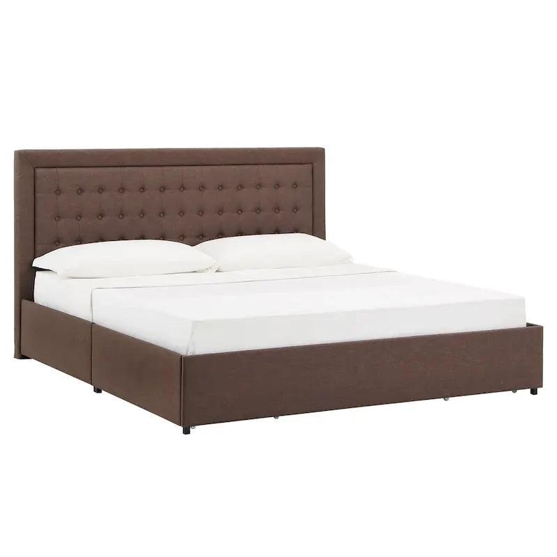 Tufted Linen Headboard Storage Platform Bed with 4 Under-Bed Drawers, Full/Queen/King