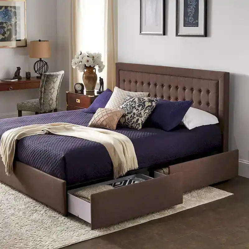 Tufted Linen Headboard Storage Platform Bed with 4 Under-Bed Drawers, Full/Queen/King
