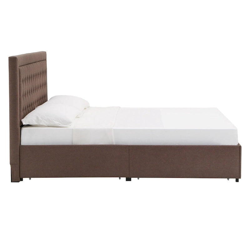 Tufted Linen Headboard Storage Platform Bed with 4 Under-Bed Drawers, Full/Queen/King