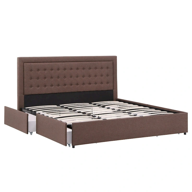 Tufted Linen Headboard Storage Platform Bed with 4 Under-Bed Drawers, Full/Queen/King