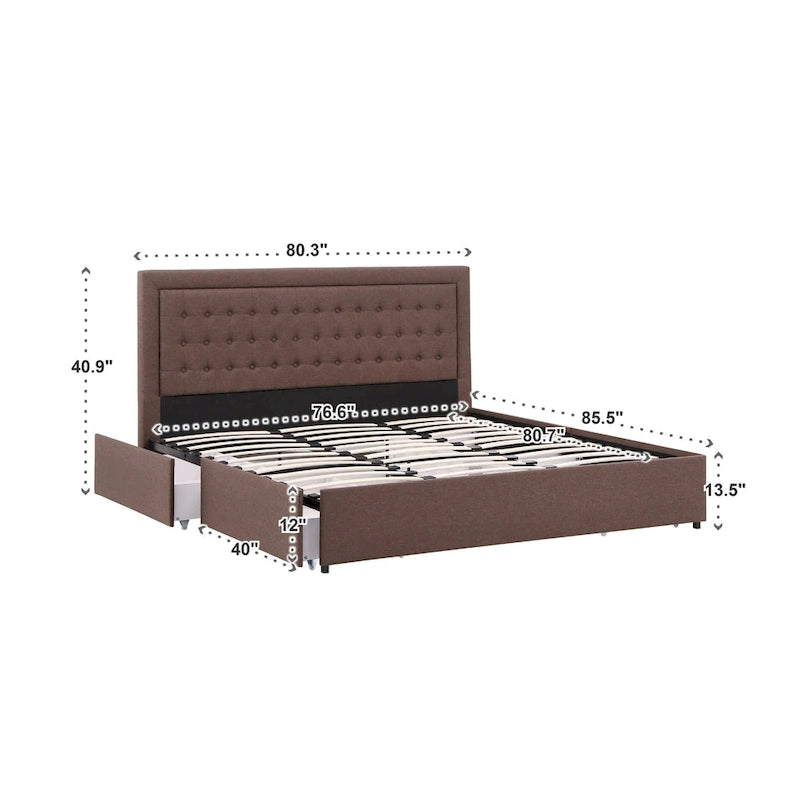 Tufted Linen Headboard Storage Platform Bed with 4 Under-Bed Drawers, Full/Queen/King