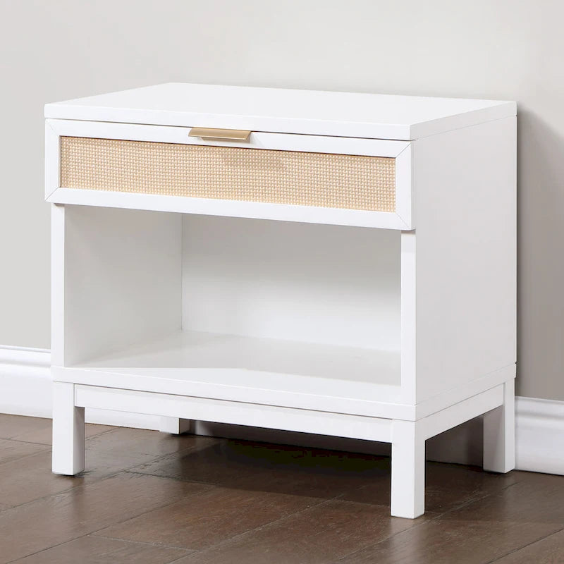 Cane 1-Drawer Nightstand, Boho Rattan Bedside Table with Storage, Natural Wood Finish