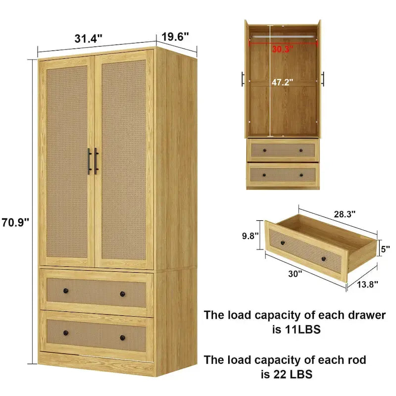 Wood Wardrobe Closet with Hanging Rod and Drawers - Storage Organizer