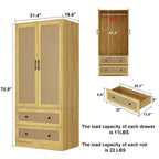 Wood Wardrobe Closet with Hanging Rod and Drawers - Storage Organizer