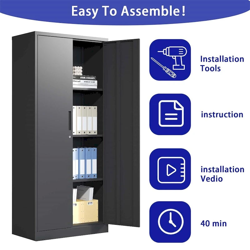 Metal Garage Storage Cabinet Tool Steel with Doors and 3 Shelves